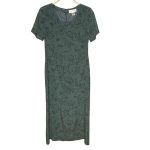 Casual Corner Vtg Y2K 90s Floral Maxi Dress‎ Green Short Sleeve Size 10 Silk